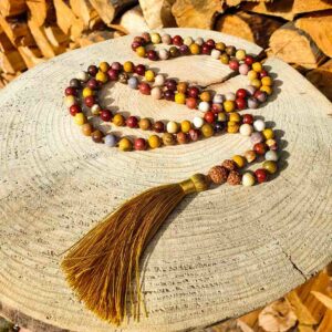 Jaspis mookait, rudraksha 8 mm - Japa Mála náhrdelník