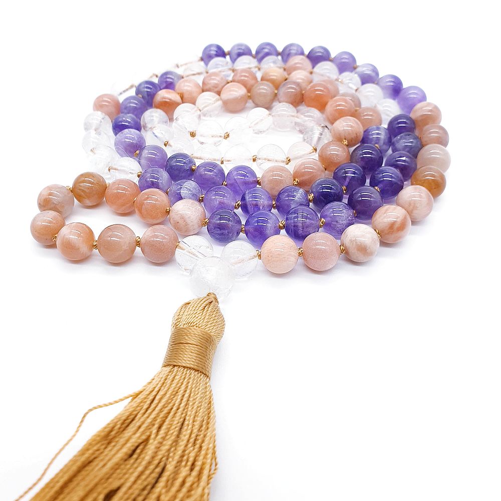 Ametyst, sluneční kámen a křišťál 8 mm - Japa Mála náhrdelník - Obrázek 3