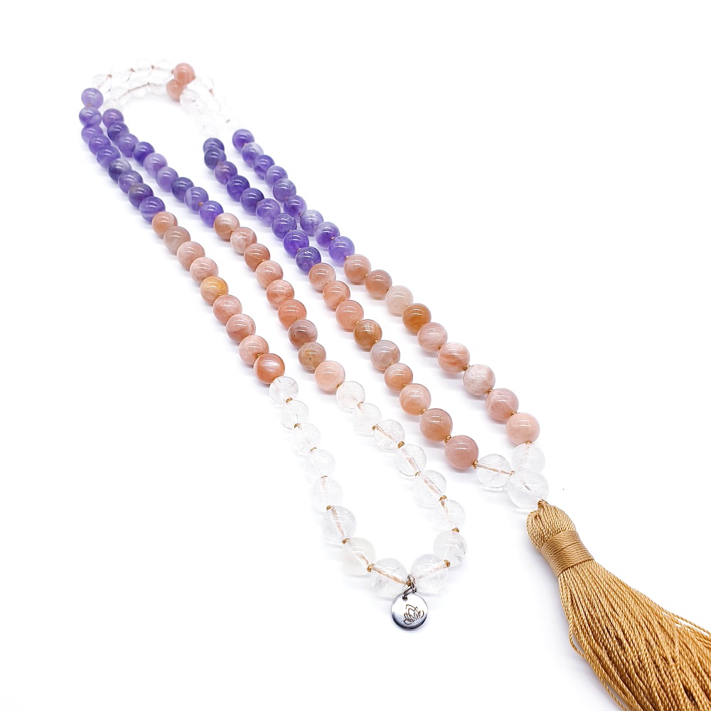 Ametyst, sluneční kámen a křišťál 8 mm - Japa Mála náhrdelník - Obrázek 2