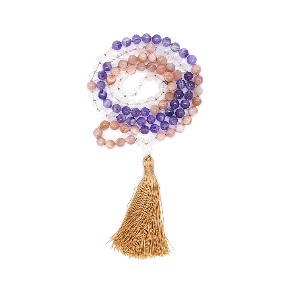 Ametyst, sluneční kámen a křišťál 8 mm - Japa Mála náhrdelník