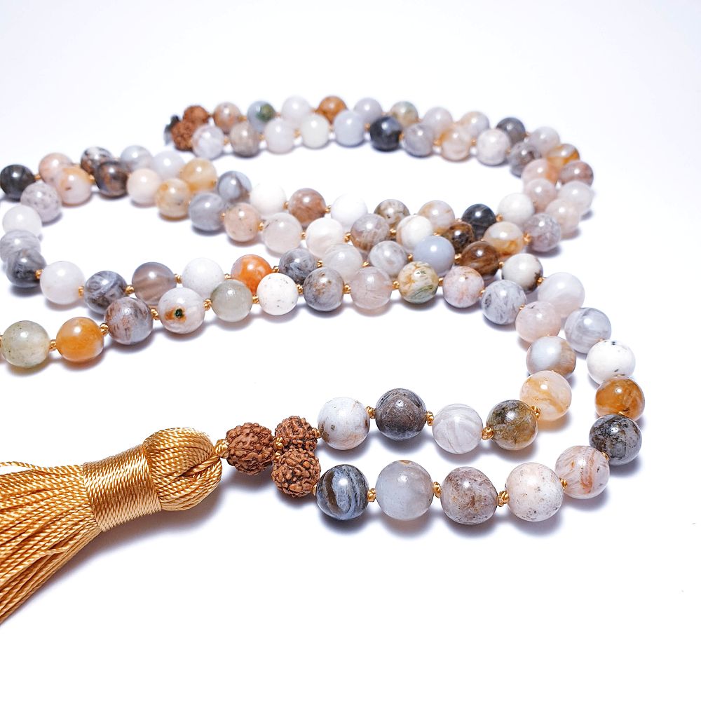 Bambusový achát a rudraksha 8 mm - Japa Mála náhrdelník - Obrázek 2