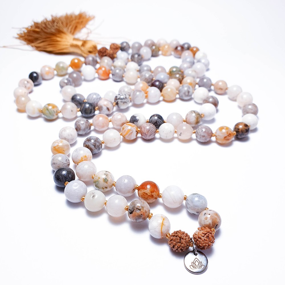 Bambusový achát a rudraksha 8 mm - Japa Mála náhrdelník