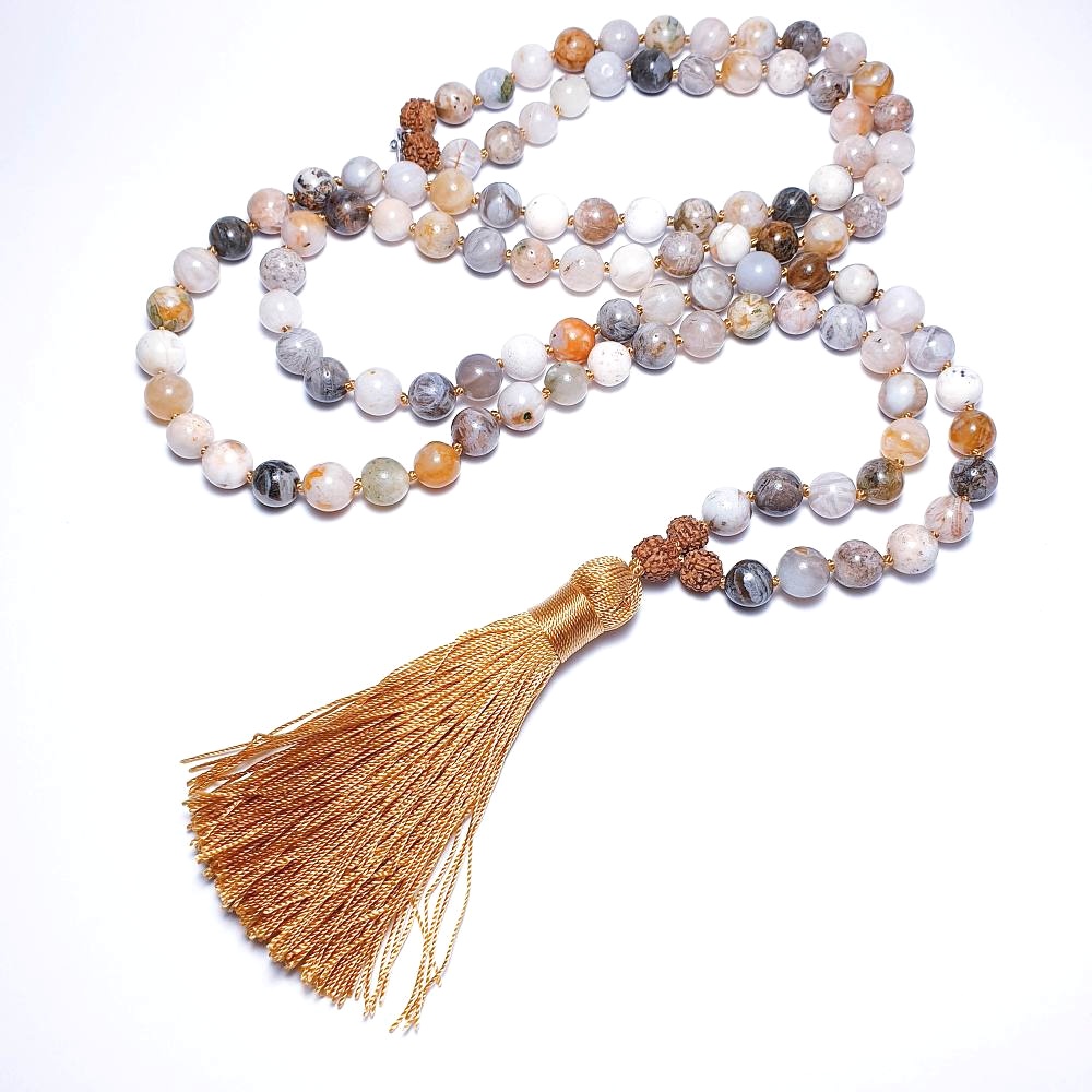 Bambusový achát a rudraksha 8 mm - Japa Mála náhrdelník - Obrázek 3