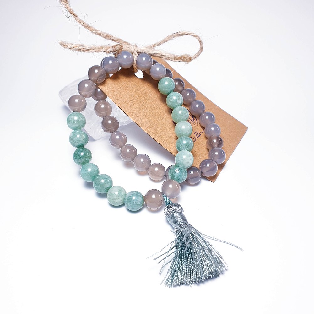 Barmský jadeit a šedý achát - 2 ks náramků - Obrázek 2