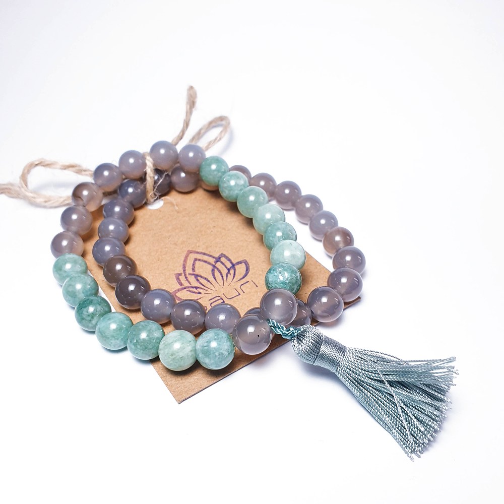 Barmský jadeit a šedý achát - 2 ks náramků