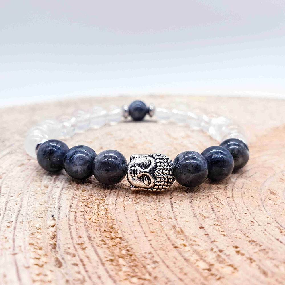 Larvikit, křišťál - buddha náramek