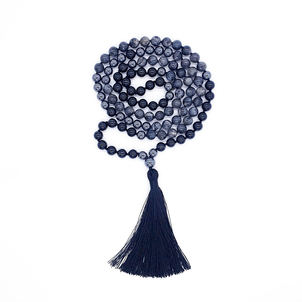 Larvikit, turmalín a hematit 8 mm - Japa Mála náhrdelník