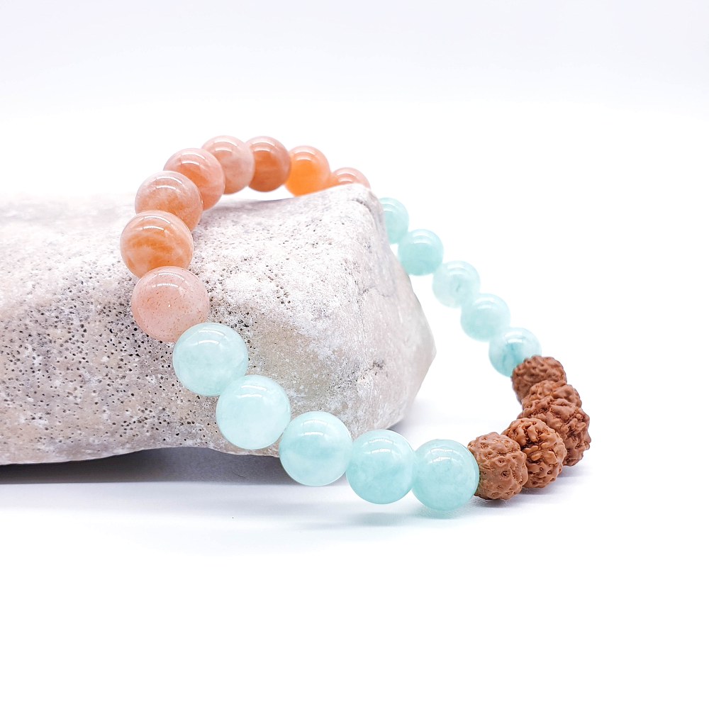 Amazonit, sluneční kámen, rudraksha - náramek "positive vibes" - Obrázek 2