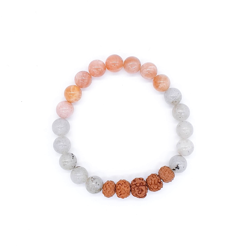 Labradorit, sluneční kámen, rudraksha - náramek "positive vibes" - Obrázek 2