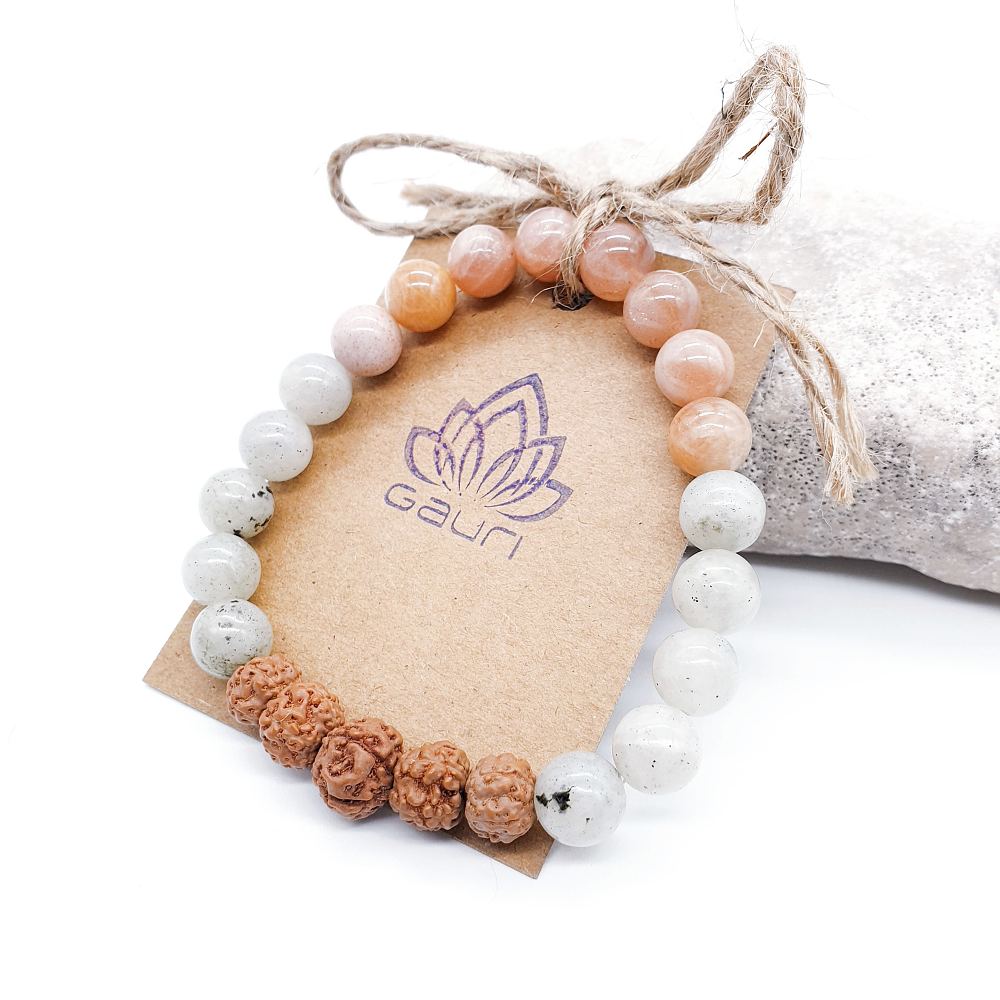 Labradorit, sluneční kámen, rudraksha - náramek "positive vibes" - Obrázek 3