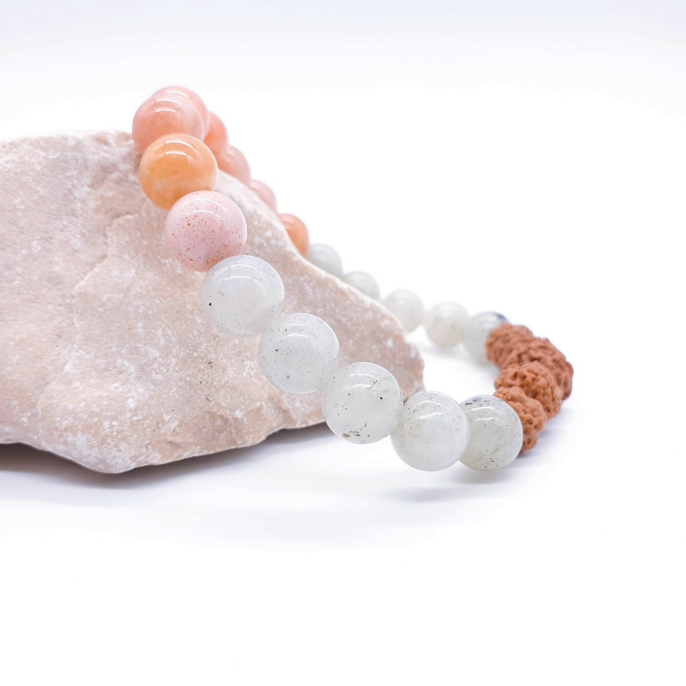 Labradorit, sluneční kámen, rudraksha - náramek "positive vibes" - Obrázek 4