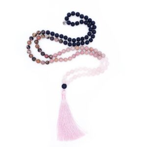 Růženín, rodonit, lávový kámen a křišťál 8 mm - Japa Mála náhrdelník