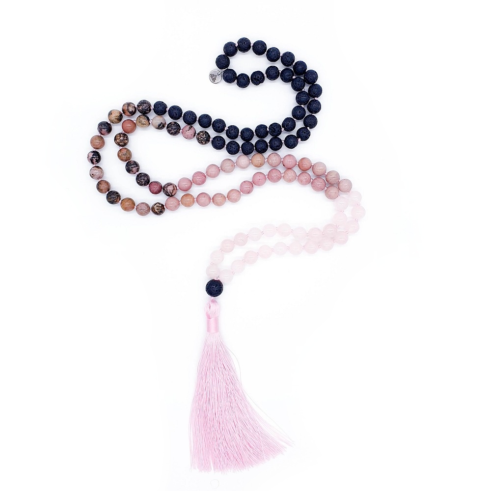 Růženín, rodonit, lávový kámen a křišťál 8 mm - Japa Mála náhrdelník