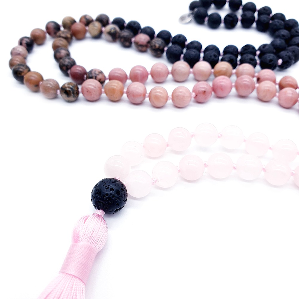 Růženín, rodonit, lávový kámen a křišťál 8 mm - Japa Mála náhrdelník - Obrázek 2