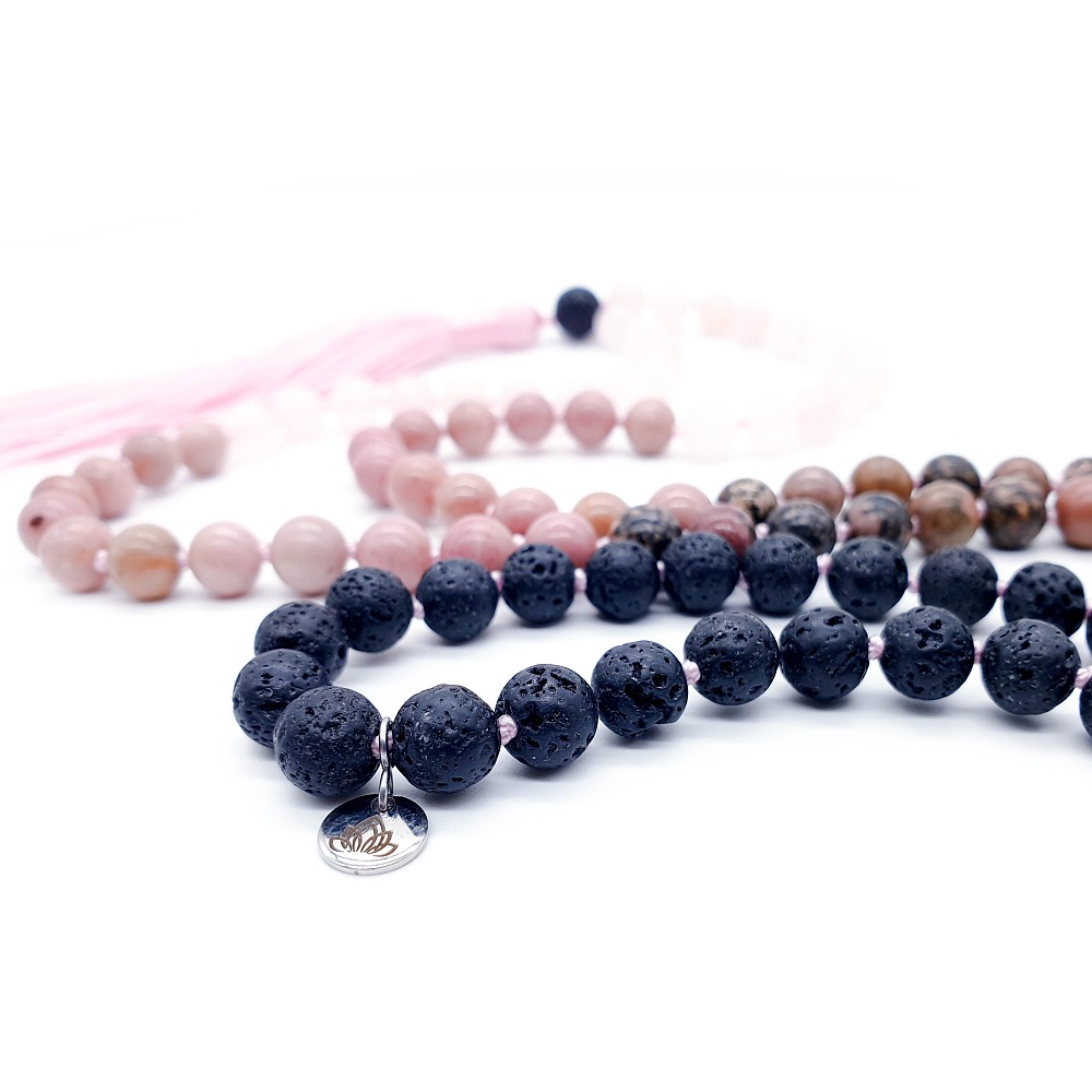 Růženín, rodonit, lávový kámen a křišťál 8 mm - Japa Mála náhrdelník - Obrázek 3