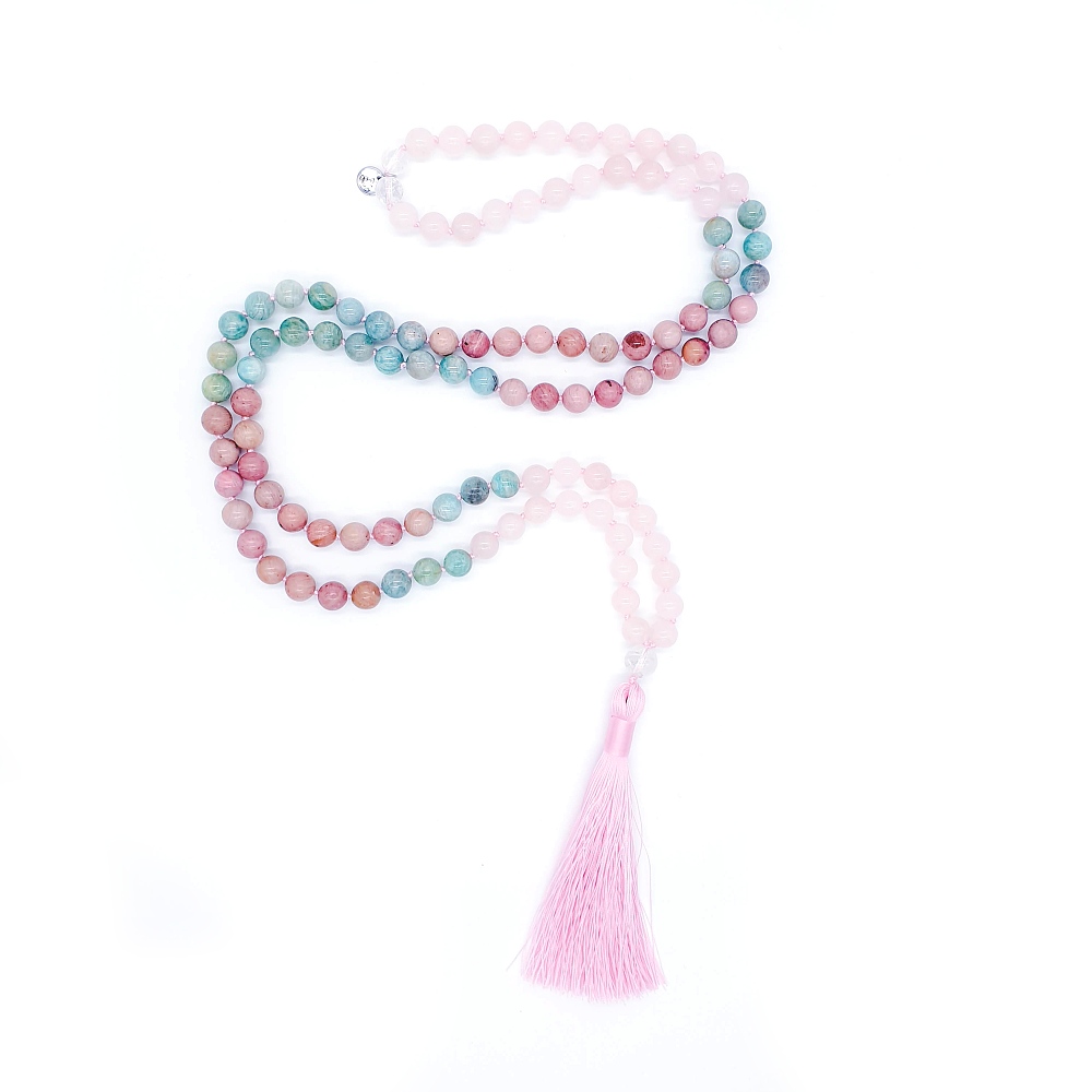 Růženín, amazonit, rodonit a křišťál 8 mm- Japa Mála náhrdelník