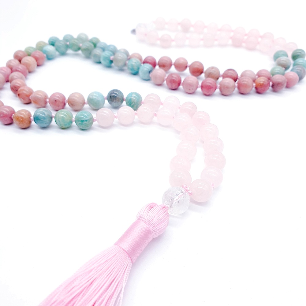 Růženín, amazonit, rodonit a křišťál 8 mm- Japa Mála náhrdelník - Obrázek 3
