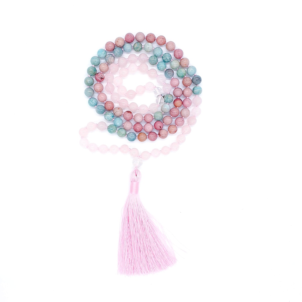 Růženín, amazonit, rodonit a křišťál 8 mm- Japa Mála náhrdelník - Obrázek 2